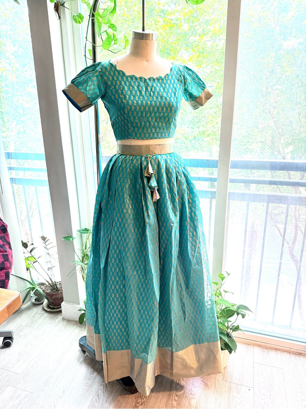Turquoise Blue Brocade Lehenga Set with Gold Trim